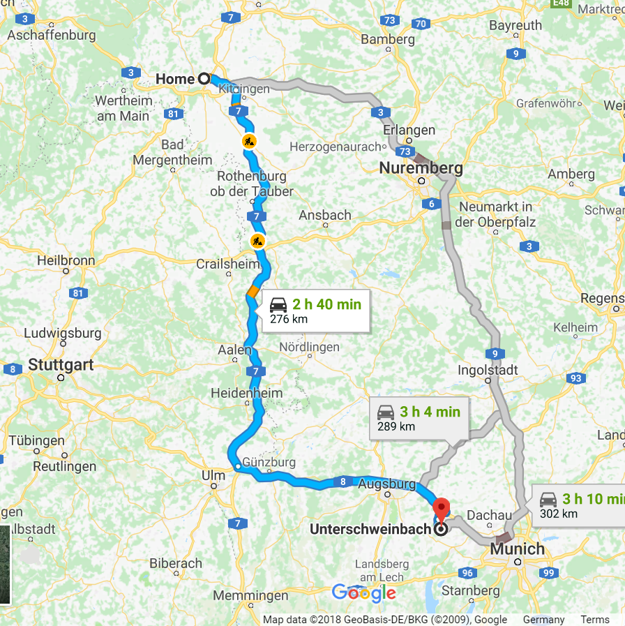 Landkarte vom Weg von Würzburg nach Unterschweinbach
